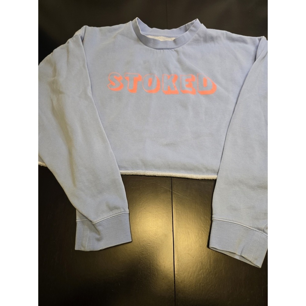 Billabong "Stoked" Cropped Sweatshirt Women'sā Large Blue Pink Hey Gday Crewneck
